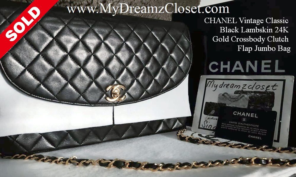 Vintage Chanel Black Classic Lambskin CC Gold Chain Crossbody Clutch 9  Flap Bag - My Dreamz Closet
