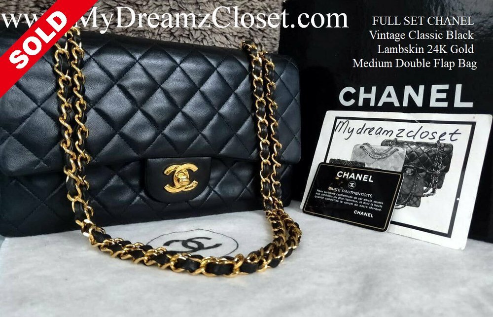 SOLD - FULL SET CHANEL Vintage Classic Black Lambskin 24K Gold Medium  Double Flap Bag - My Dreamz Closet