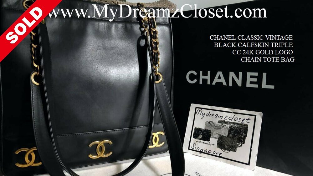 SOLD - CHANEL CLASSIC VINTAGE BLACK CALFSKIN TRIPLE CC 24K GOLD LOGO CHAIN  TOTE BAG - My Dreamz Closet