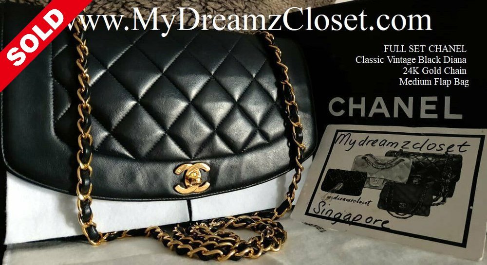 FULL SET CHANEL Classic Vintage Black Diana 24K Gold Chain Medium Flap Bag  - My Dreamz Closet