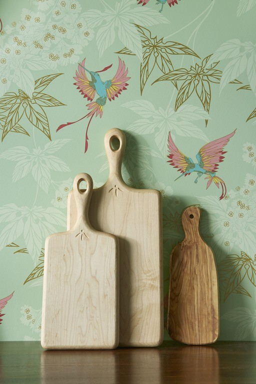 Grove Garden wallpaper by Osborne & Little with Wooden Cutting Boards.jpg