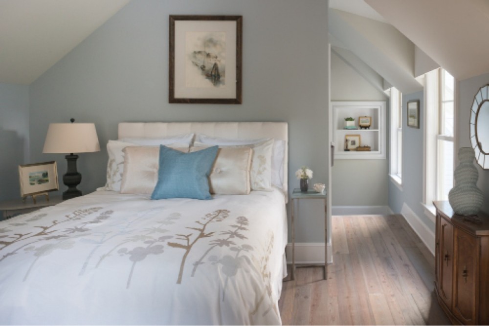   The carriage house suite serves as welcoming guest quarters, with its soft colors and cozy, coved ceiling.  