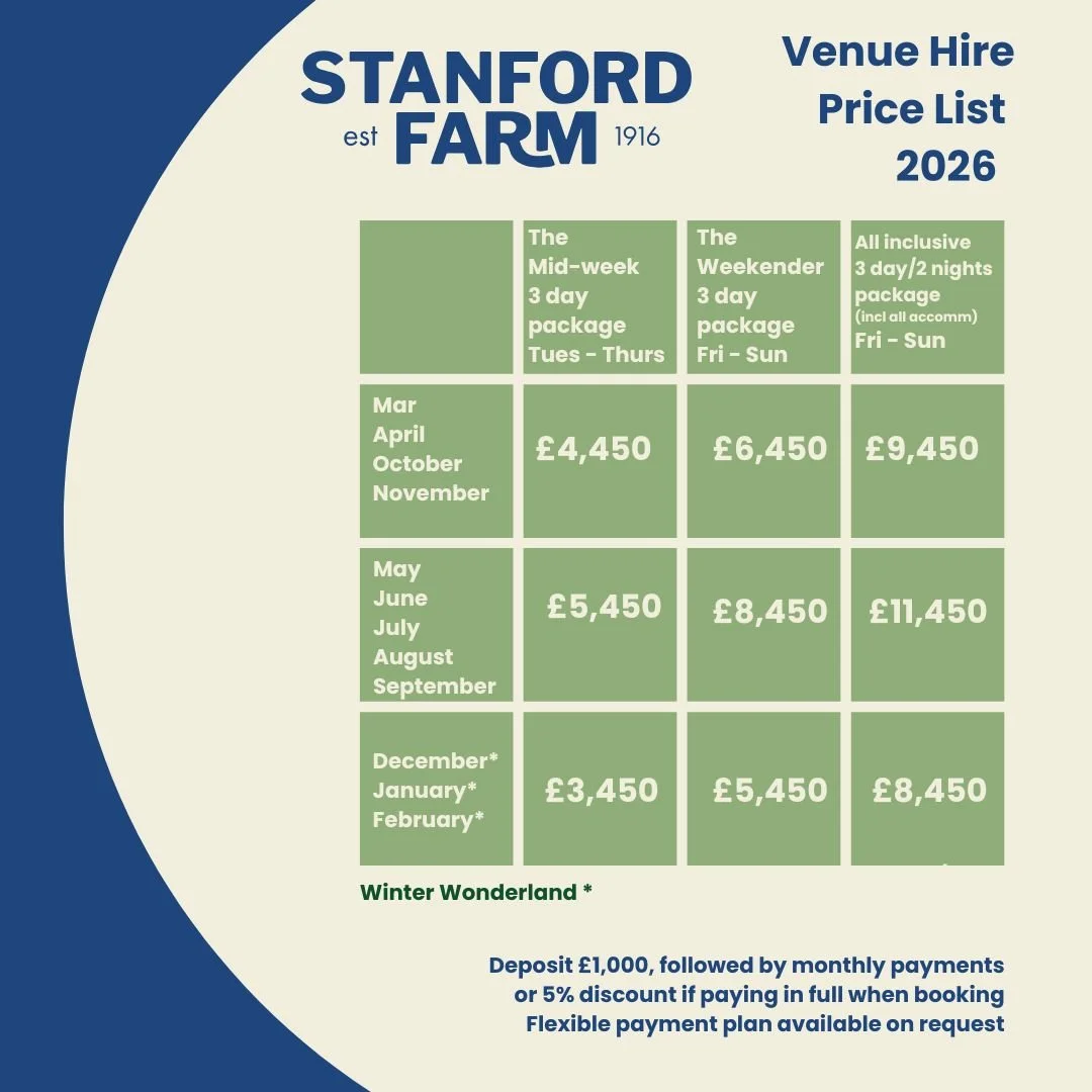 Price list for venue hire 2026 Stanford Farm Wedding Venue