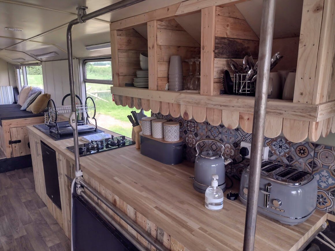 Stanford Farm's double decker bus conversion kitchen