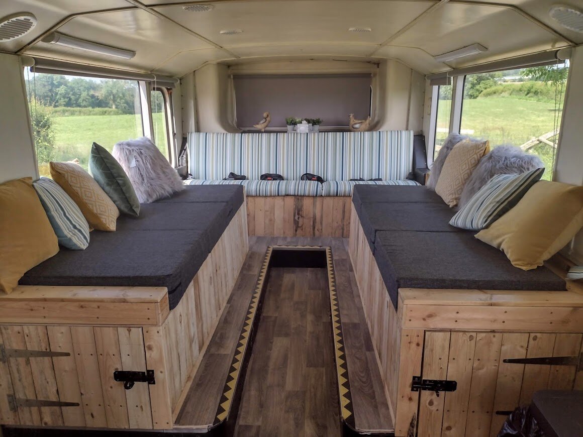 Stanford Farm's double decker bus conversion lounge converts to 2 singles