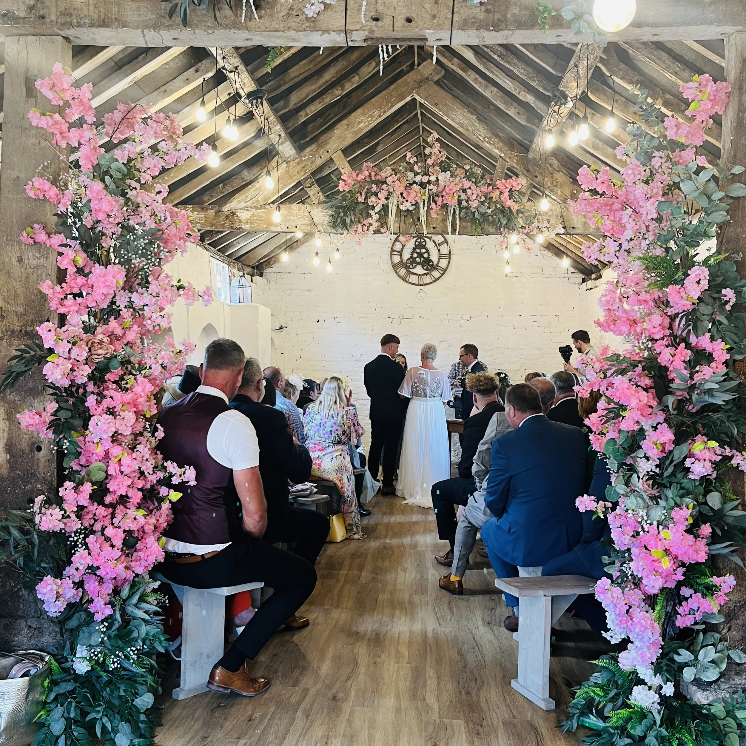 The Ceremony in the Stables at Karen and Steve's 4 day Wedding at Stanford Farm in Shropshire 25th May 2024