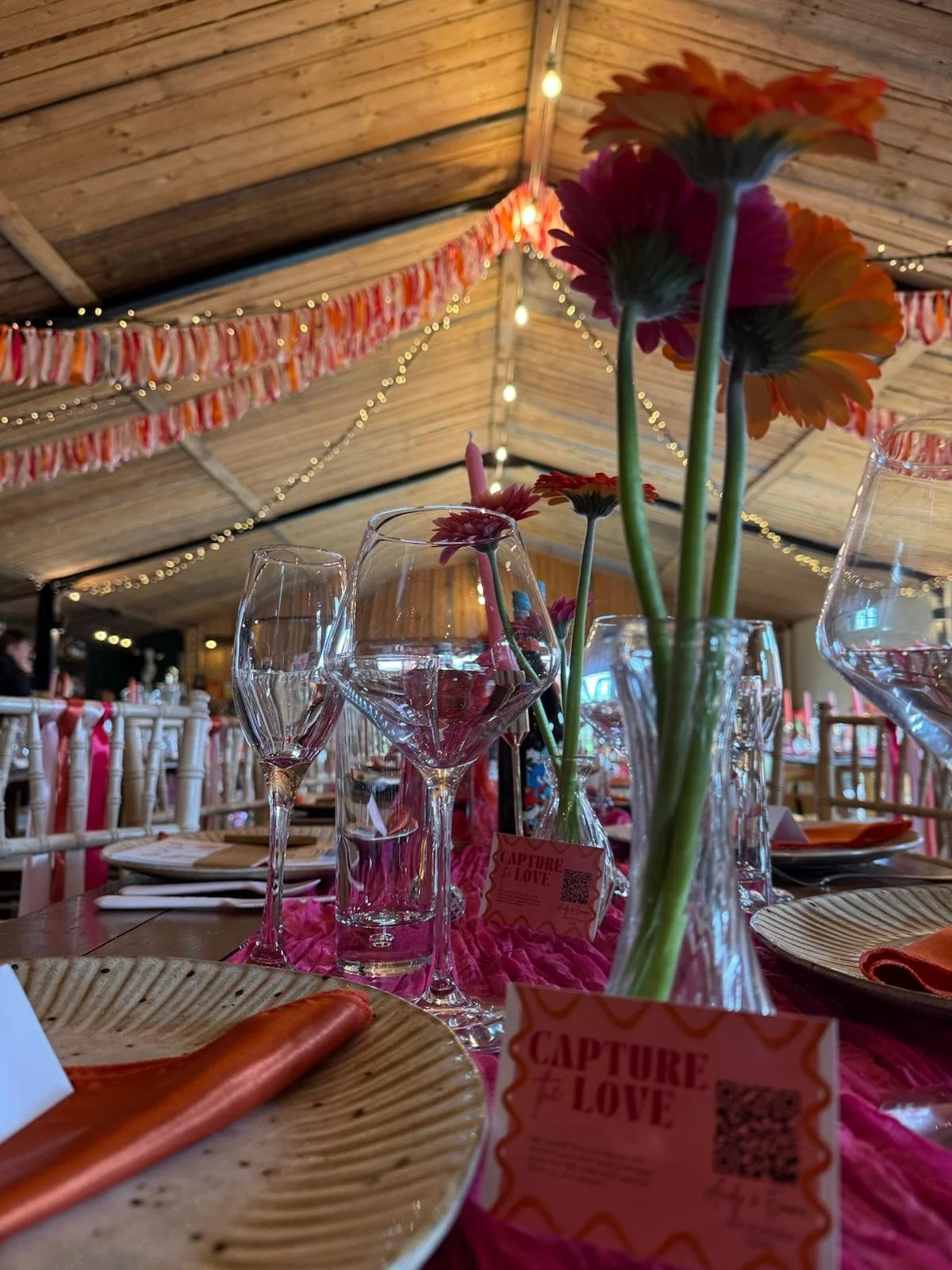 The cowhouse decorated for Emma and Andrew’s wedding at Stanford Farm in Shropshire on Saturday 4th October
