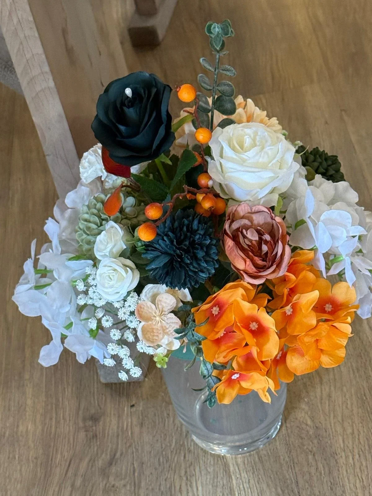 Autumn table decoration at Robbie and Stacy's wedding at Stanford Farm in Shropshire