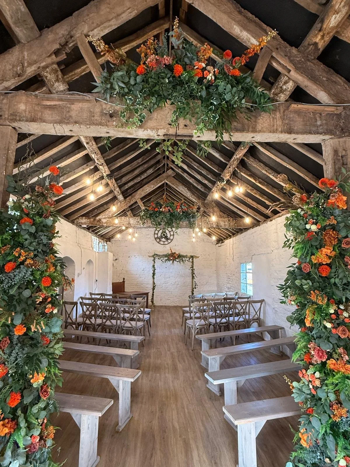 The stables decorated for Hannah and Nathan's wedding at Stanford Farm