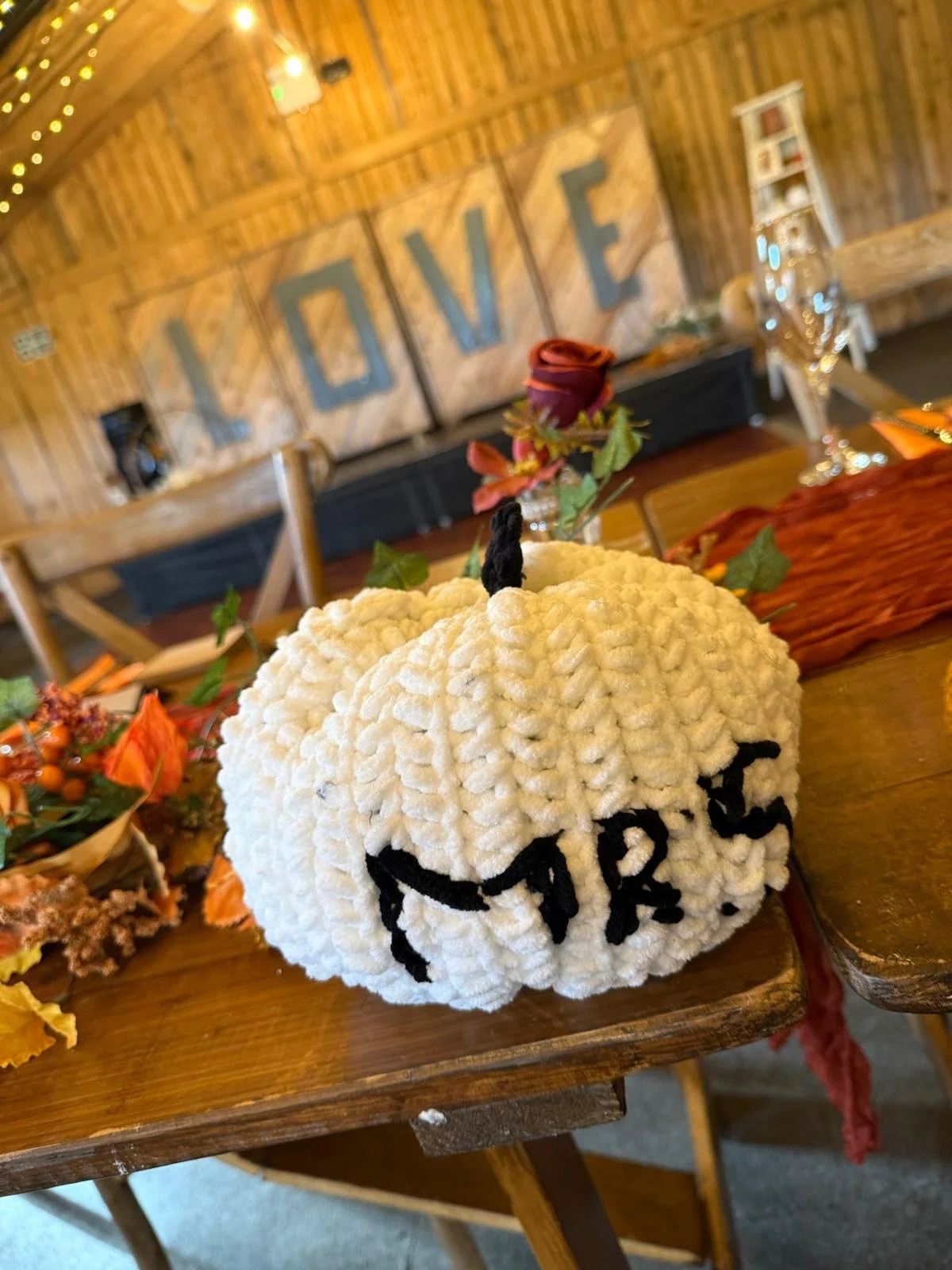 Another knitted pumpkin at Natasha &amp; James’ Autumn Wedding at Stanford Farm