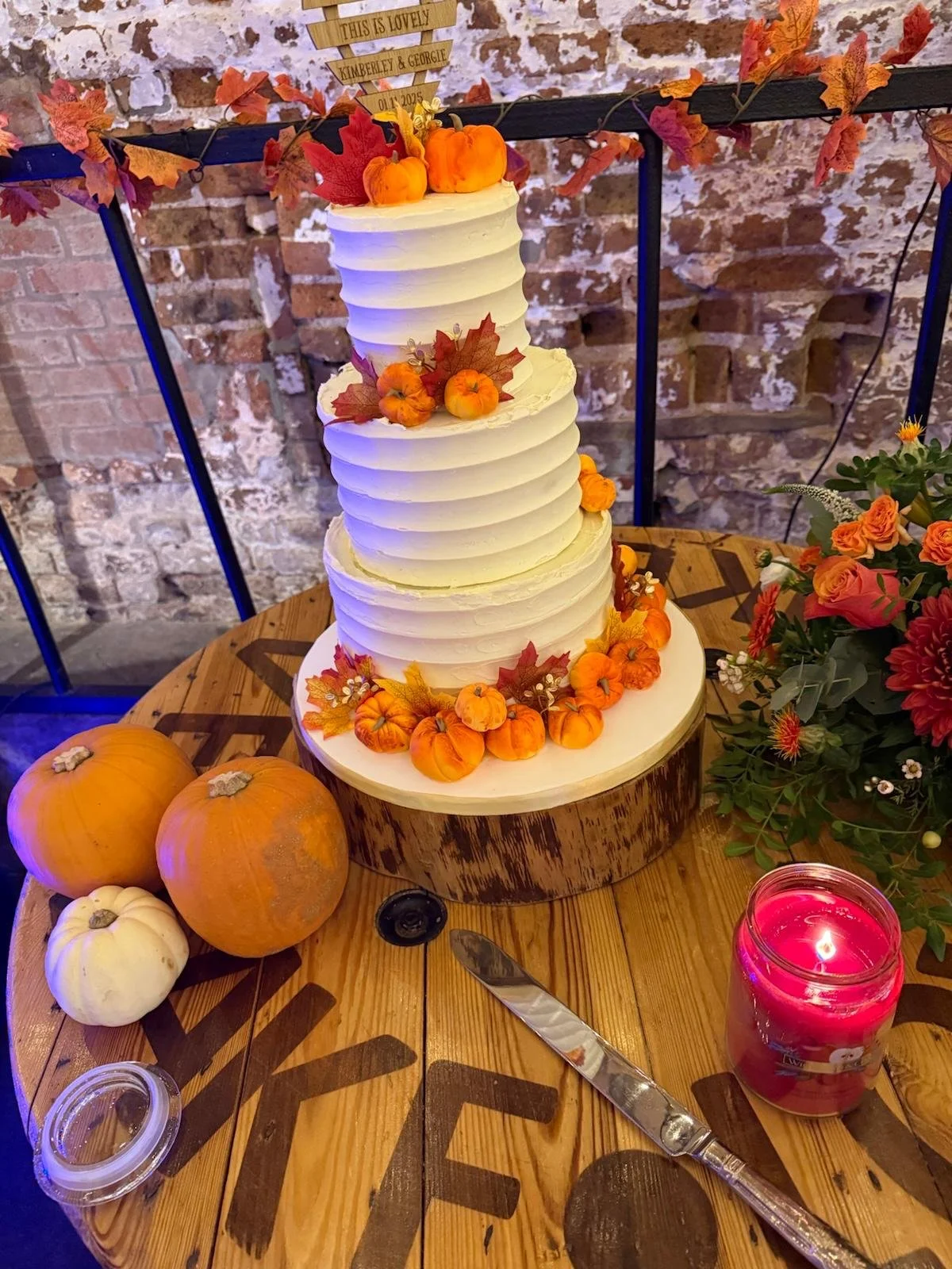 Autumn styled wedding cake at Georgie &amp; Kim’s Autumn Wedding at Stanford Farm, Shropshire
