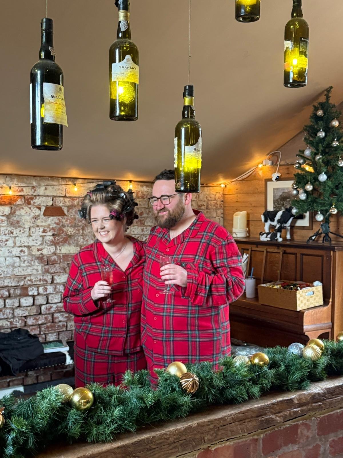 Matching PJ's for the first ceremony at Cliona &amp; Nathan’s Magical Winter Wedding at Stanford Farm