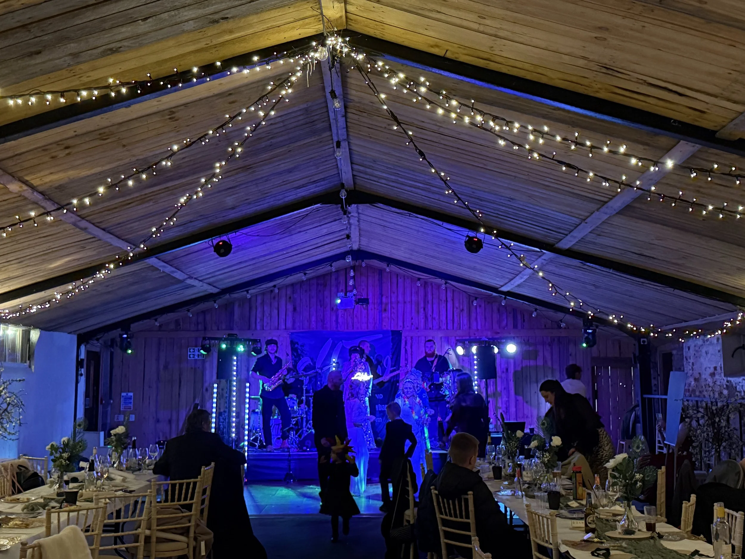 Dancing to the live band at Sharon and Ben’s wedding at Stanford Farm in Shropshire
