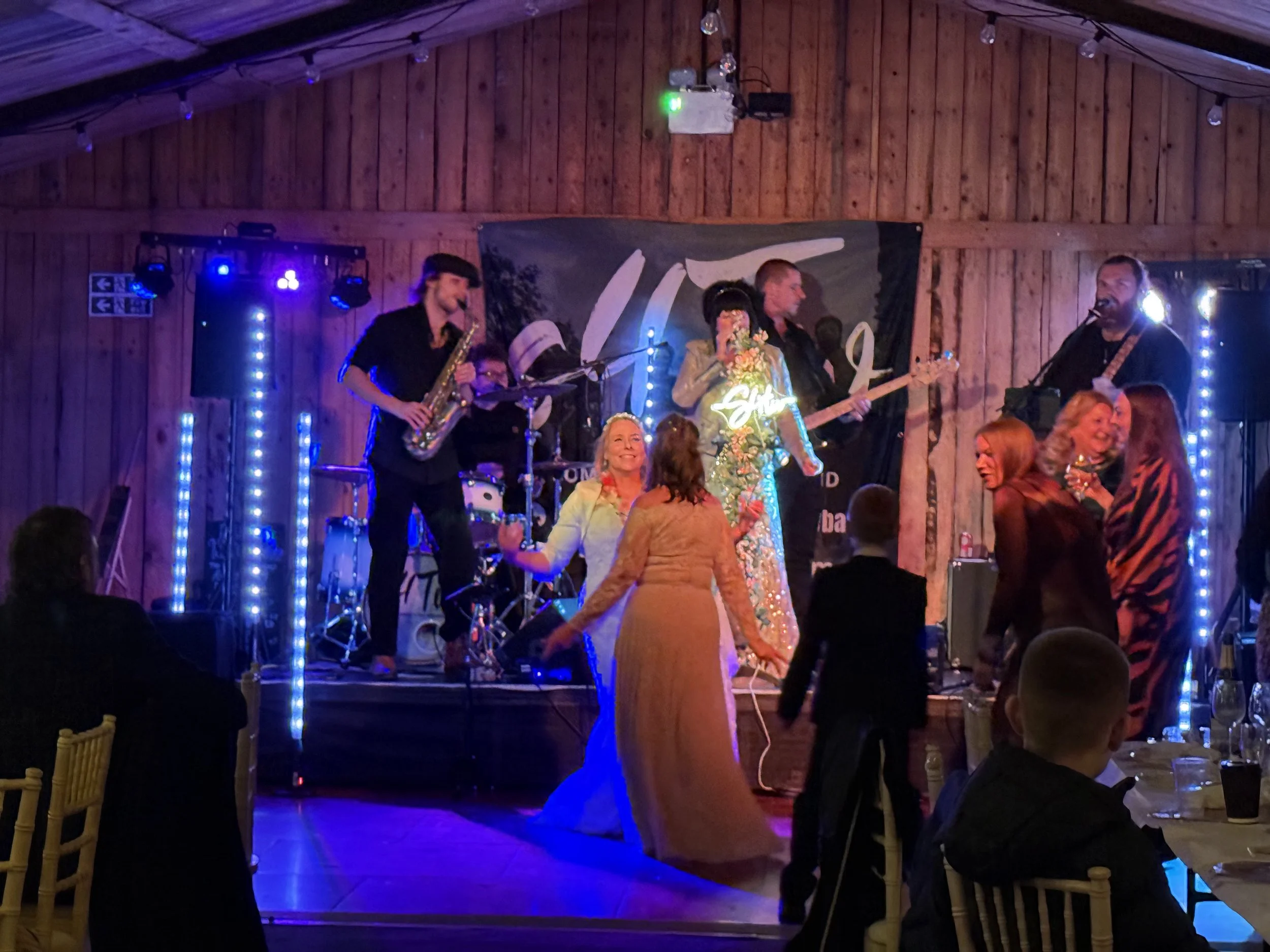 Dancing to the live band at Sharon and Ben’s wedding at Stanford Farm in Shropshire
