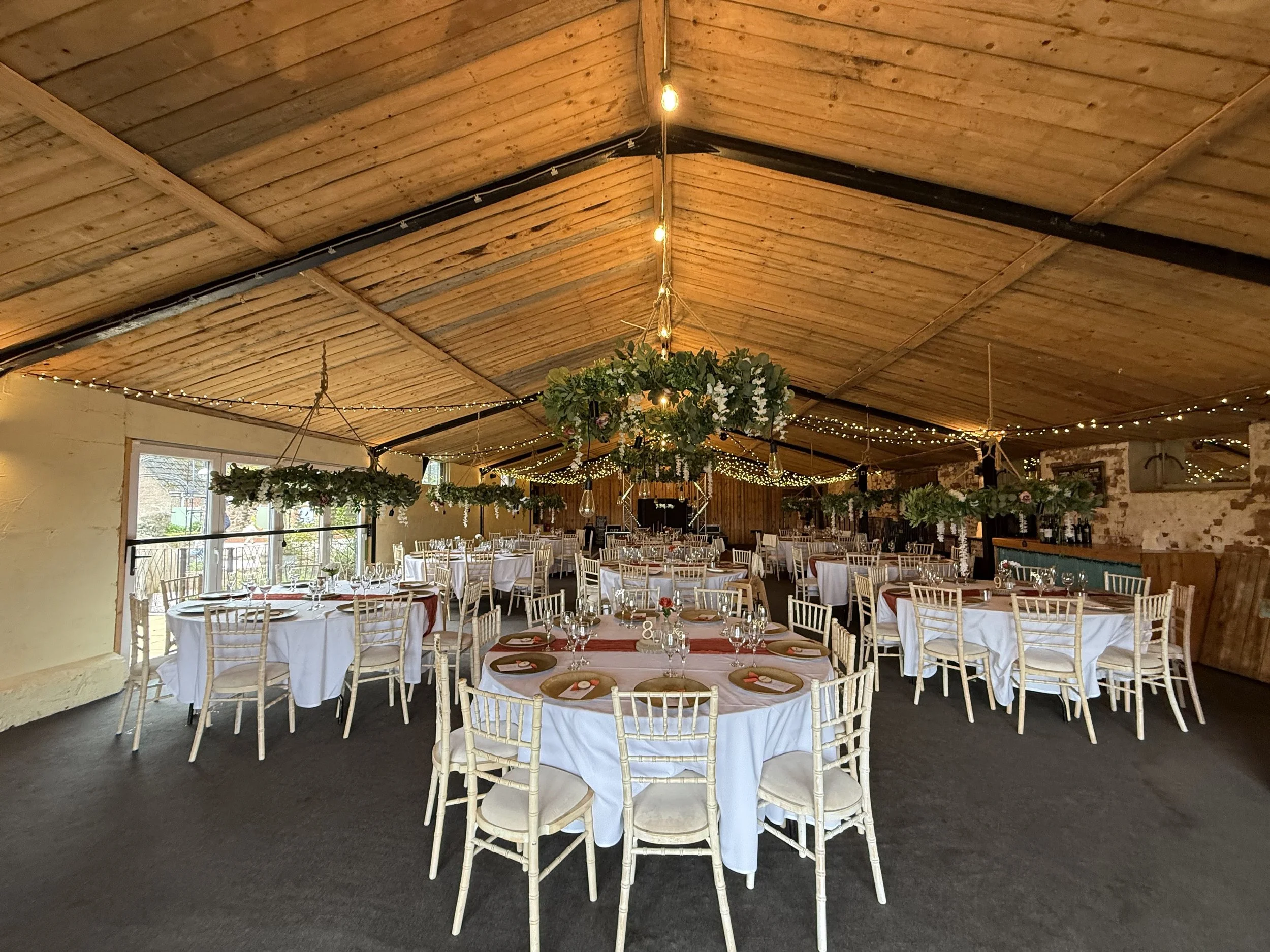 The Cowhouse all set up vor Katie and James's wedding at Stanford Farm 1st April 2026