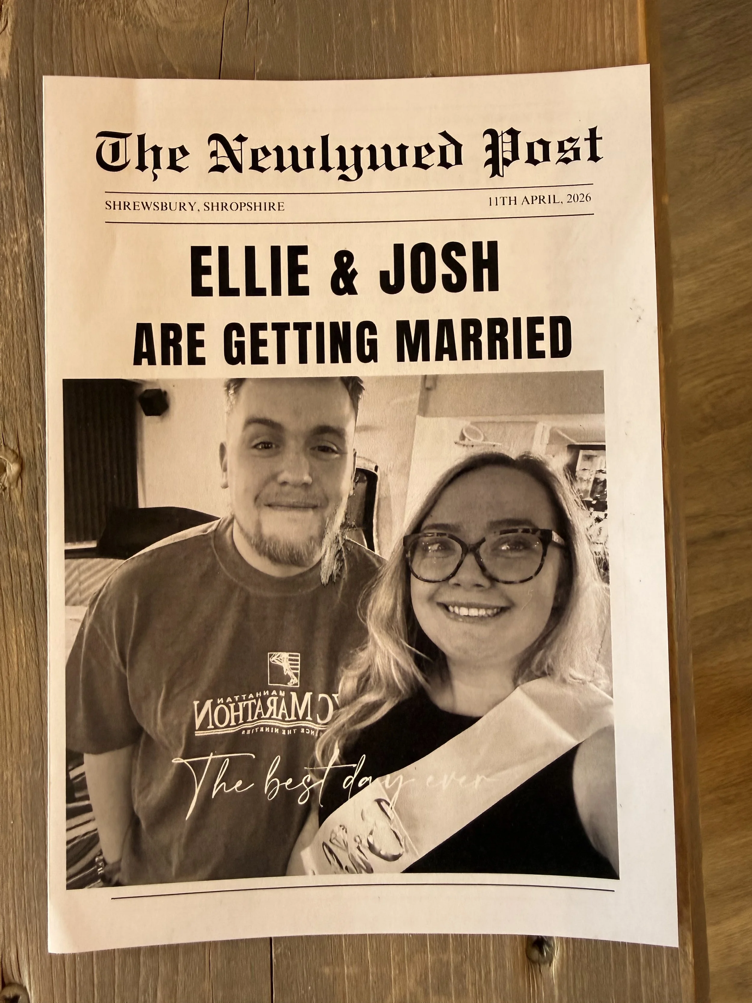 Ellie and Josh's "newspaper" announcement for their wedding at Stanford Farm