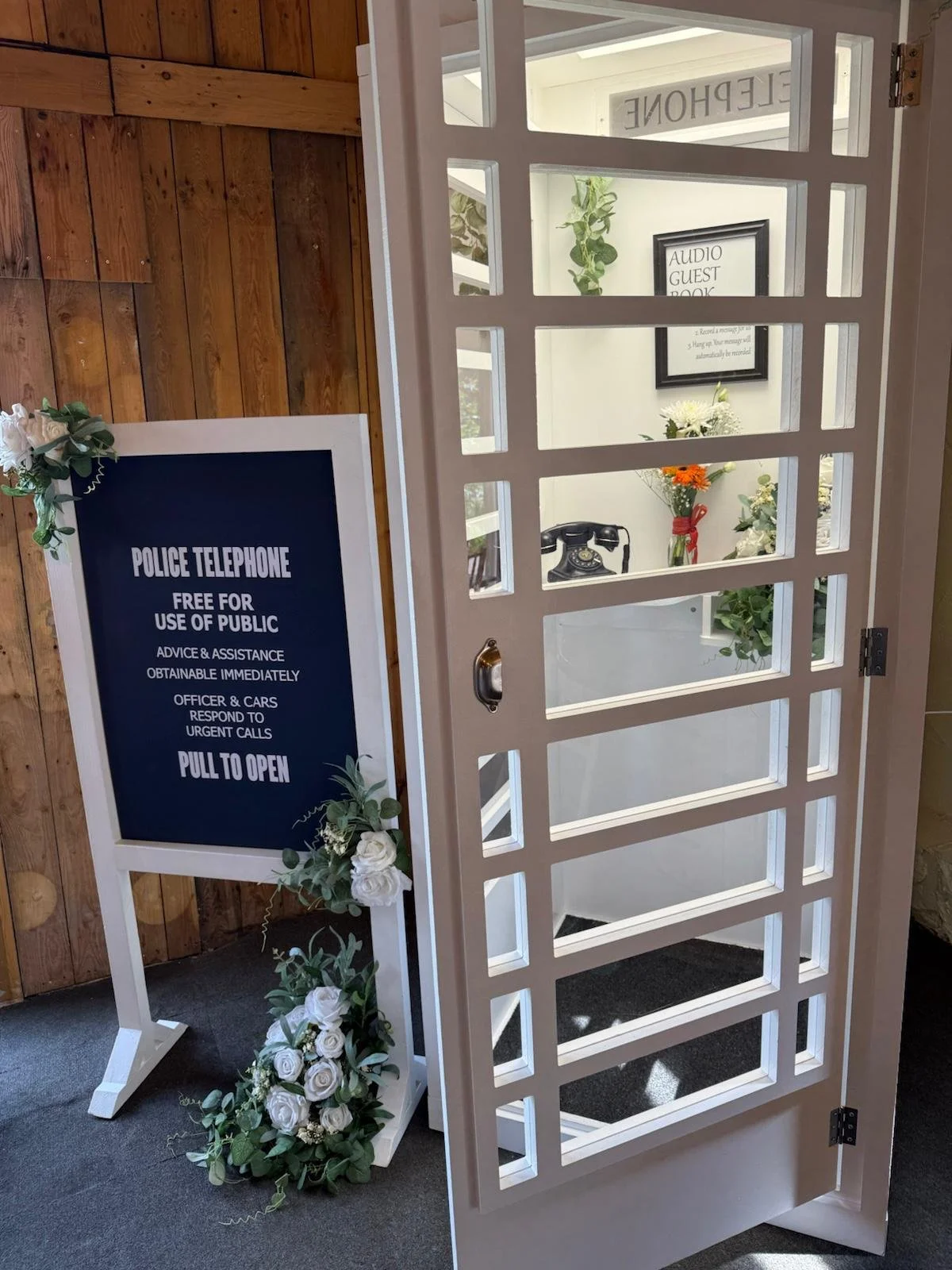Telephone box where guests could leave messages for the happy couple at Stanford Farm