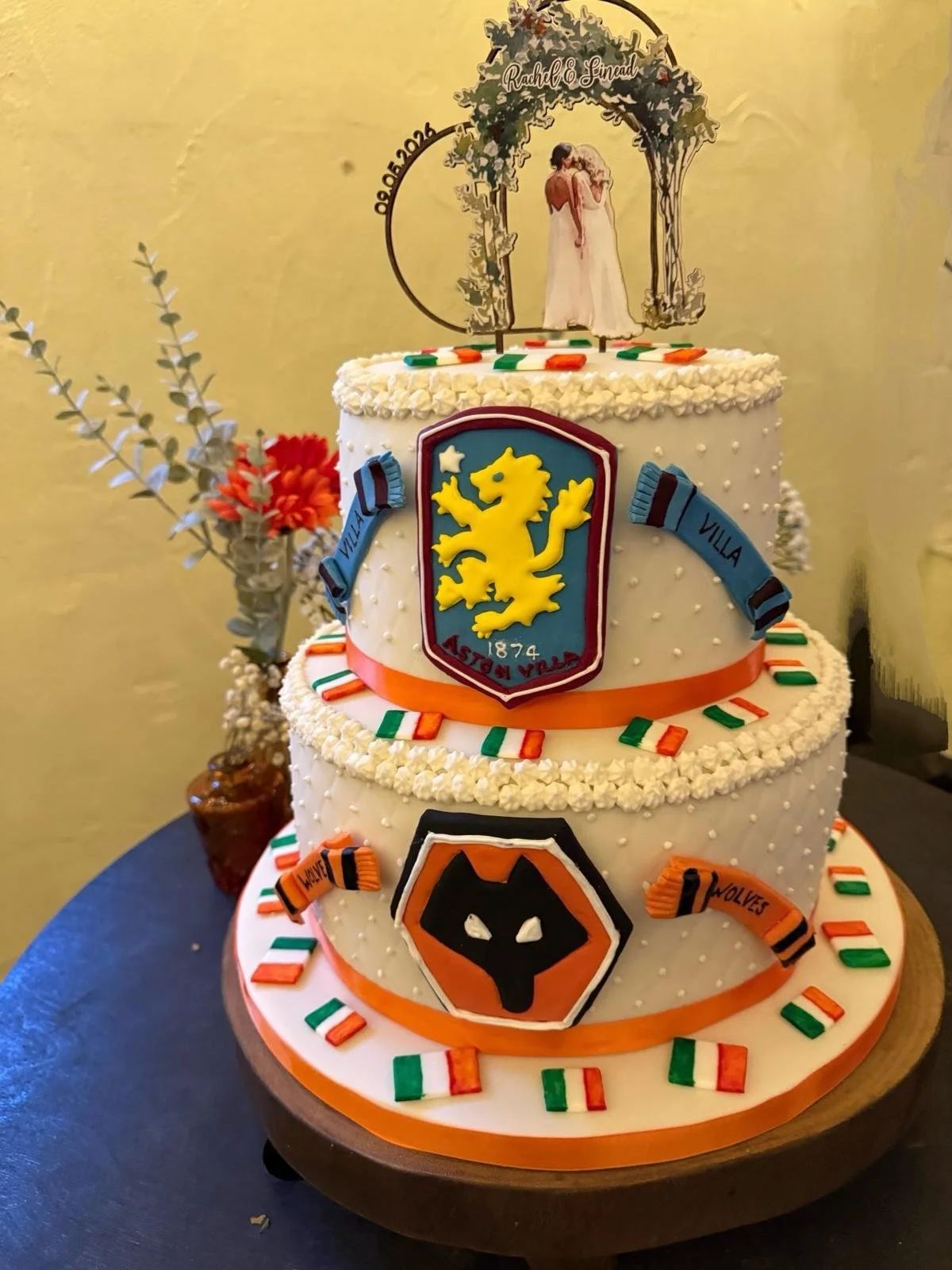 Football inspired wedding cake at Rachel and Sinead's Lakeside Wedding at Stanford Farm, Shropshire