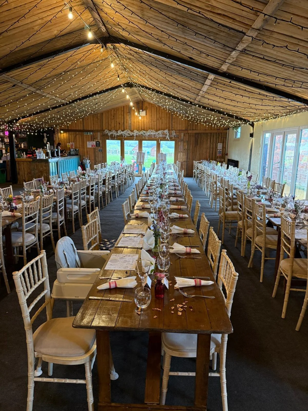 Straight tables option chosen by Freya and Scott’s for their wedding at Stanford Farm, Shropshire
