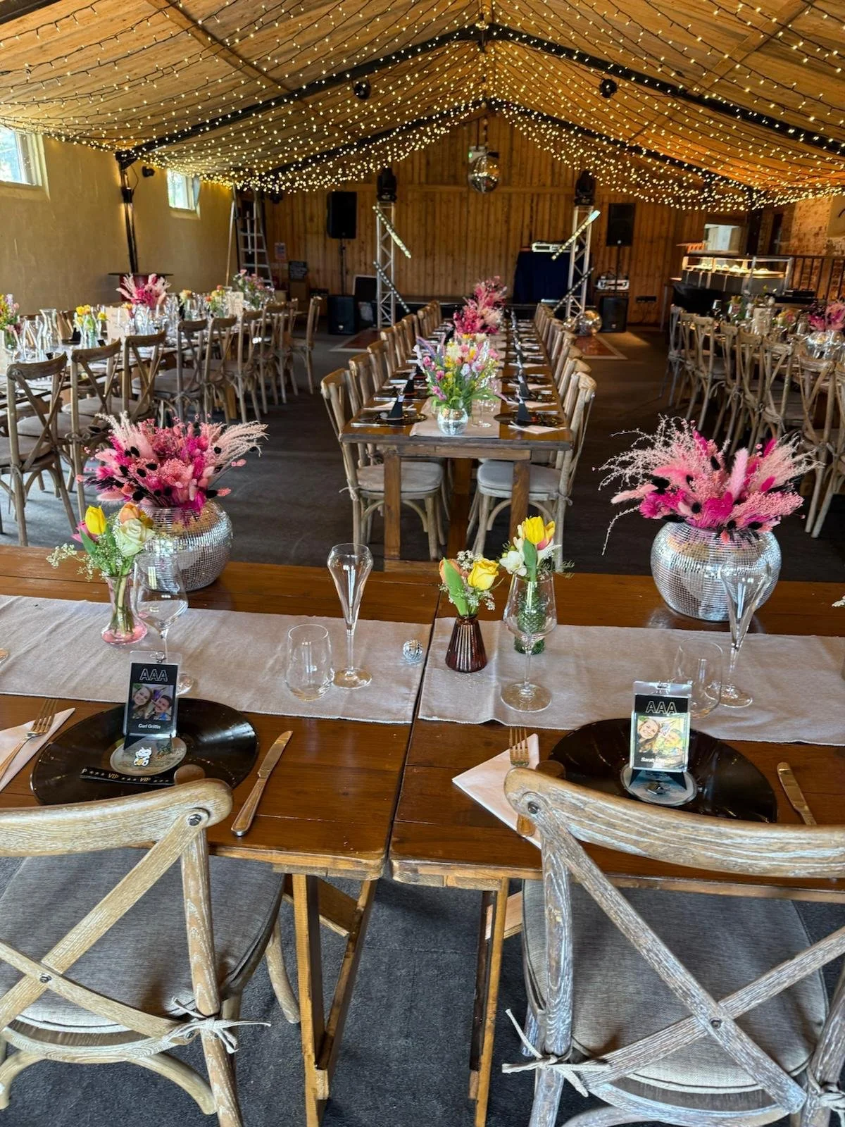 Long tables opted for at Sarah and Carl's Bank Holiday Wedding at Stanford Farm, Shropshire
