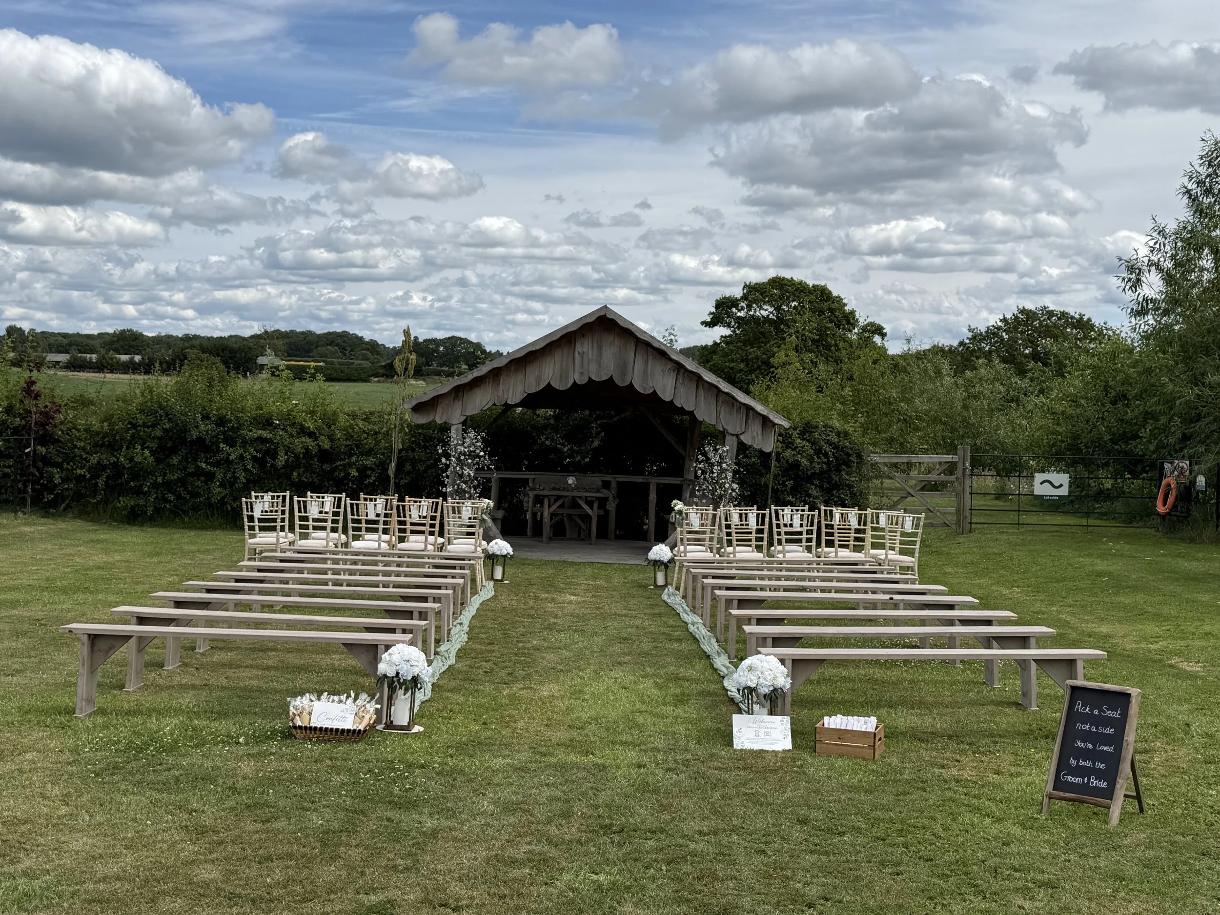 The Lakeside all set up for Natalie and Ryan's Wedding at Stanford Farm