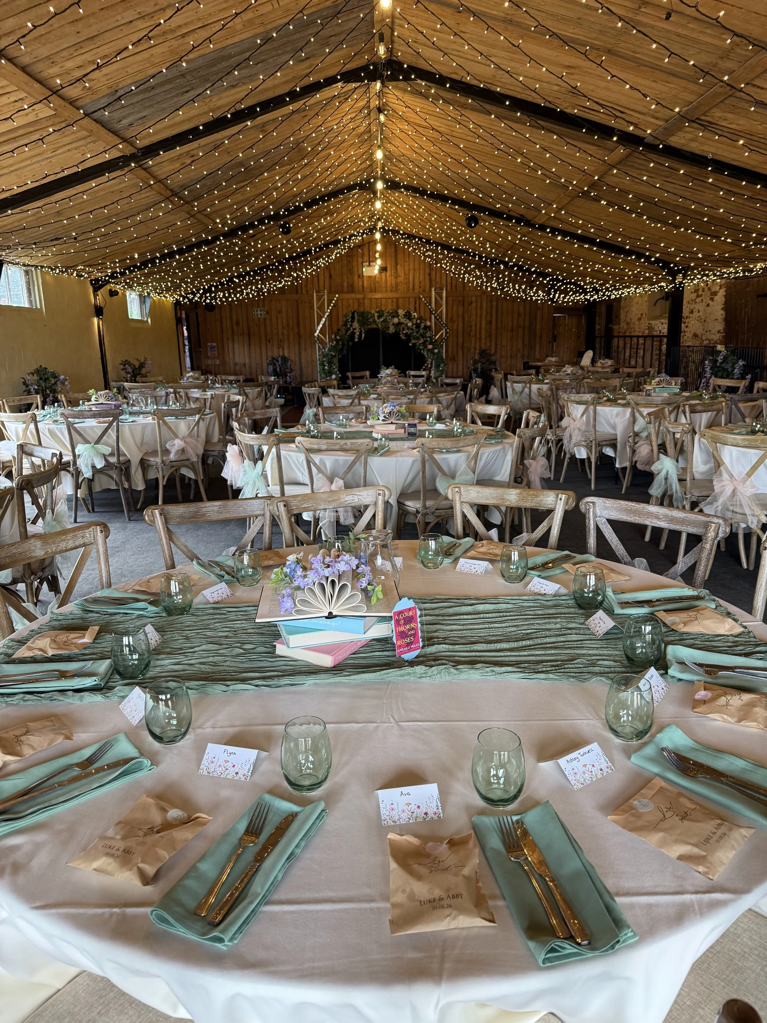 The Cowhouse decorated for Abby and Luke’s Woodland Wedding at Stanford Farm