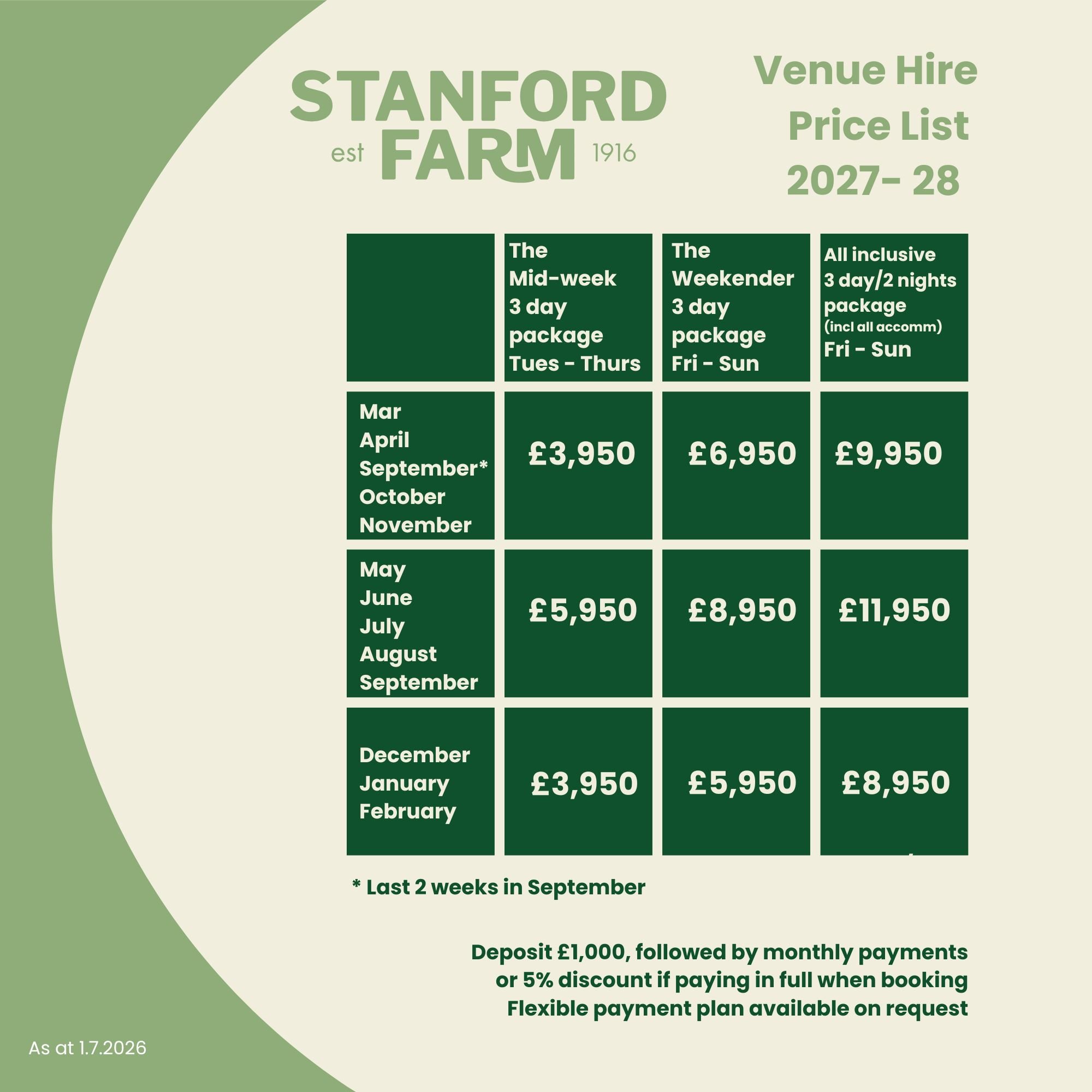 Price list for venue hire 2027 2028 Stanford Farm Wedding Venue
