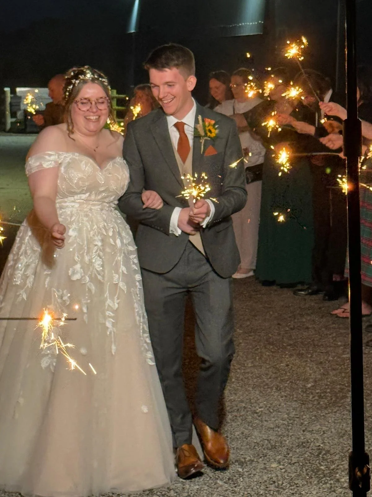 Sparklers in the evening at Hannah and Nathan’s wedding at Stanford Farm