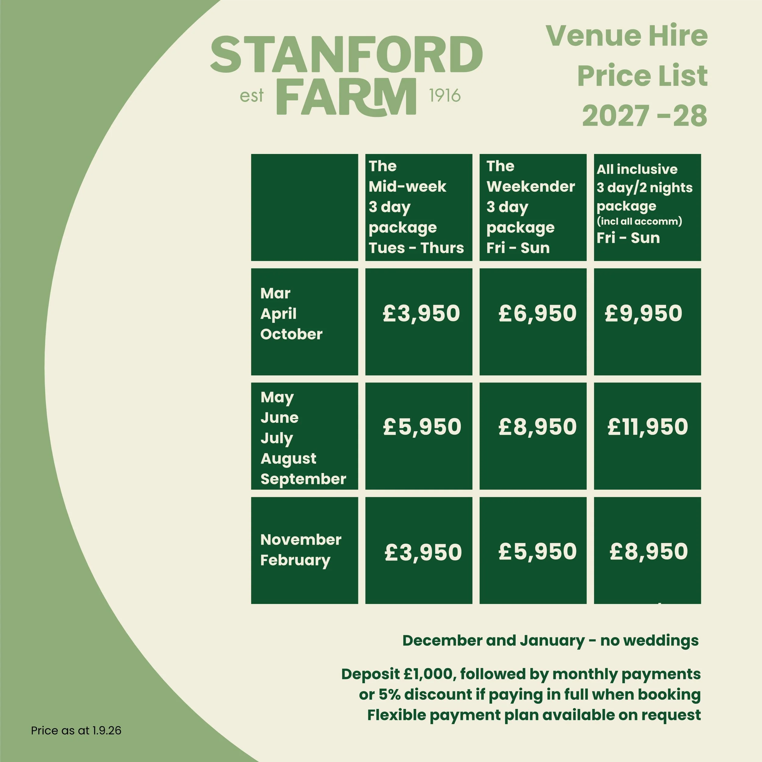 Price list for venue hire 2027 2028 Stanford Farm Wedding Venue