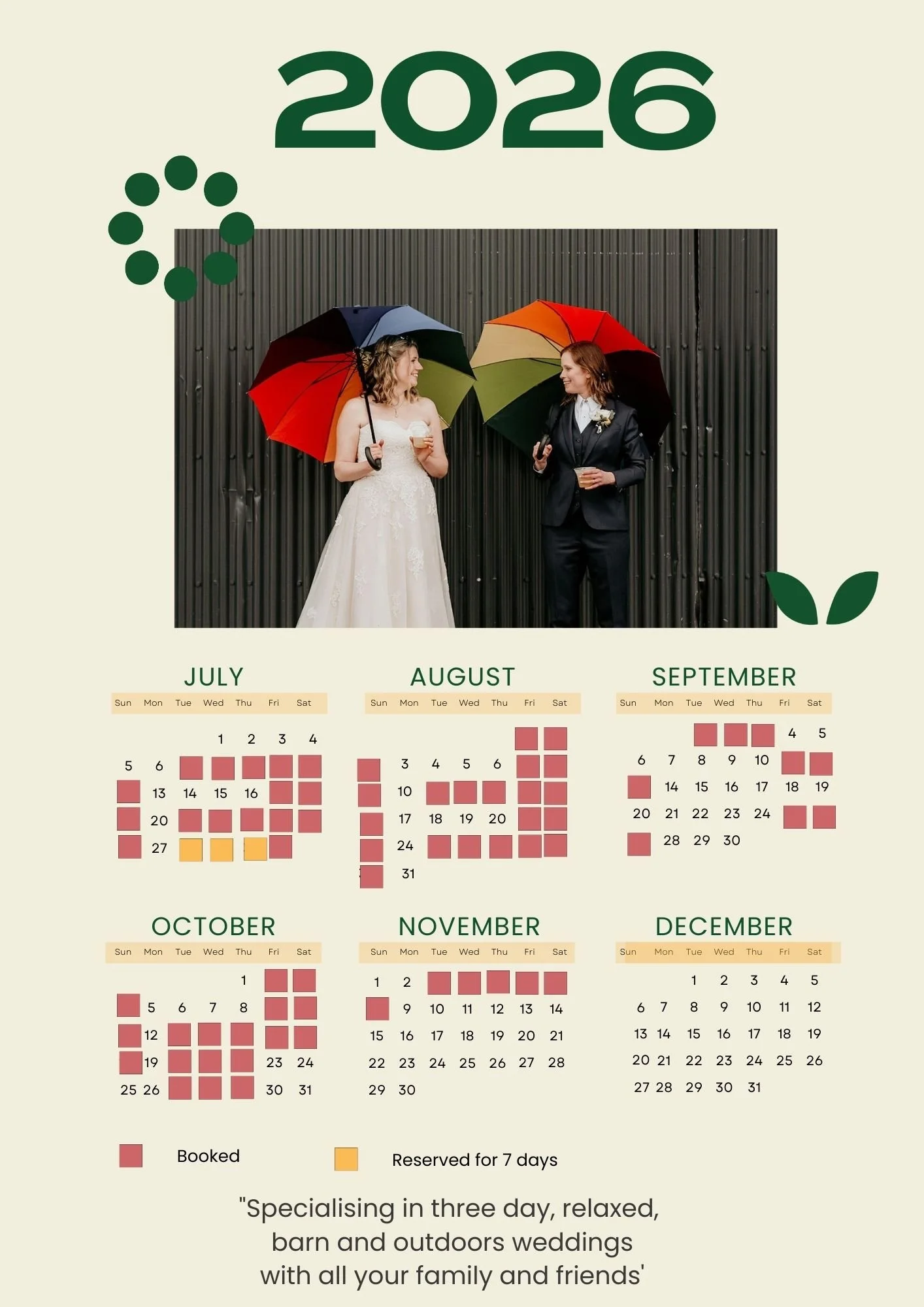 wedding availability calendar 2026 july to december Stanford Farm