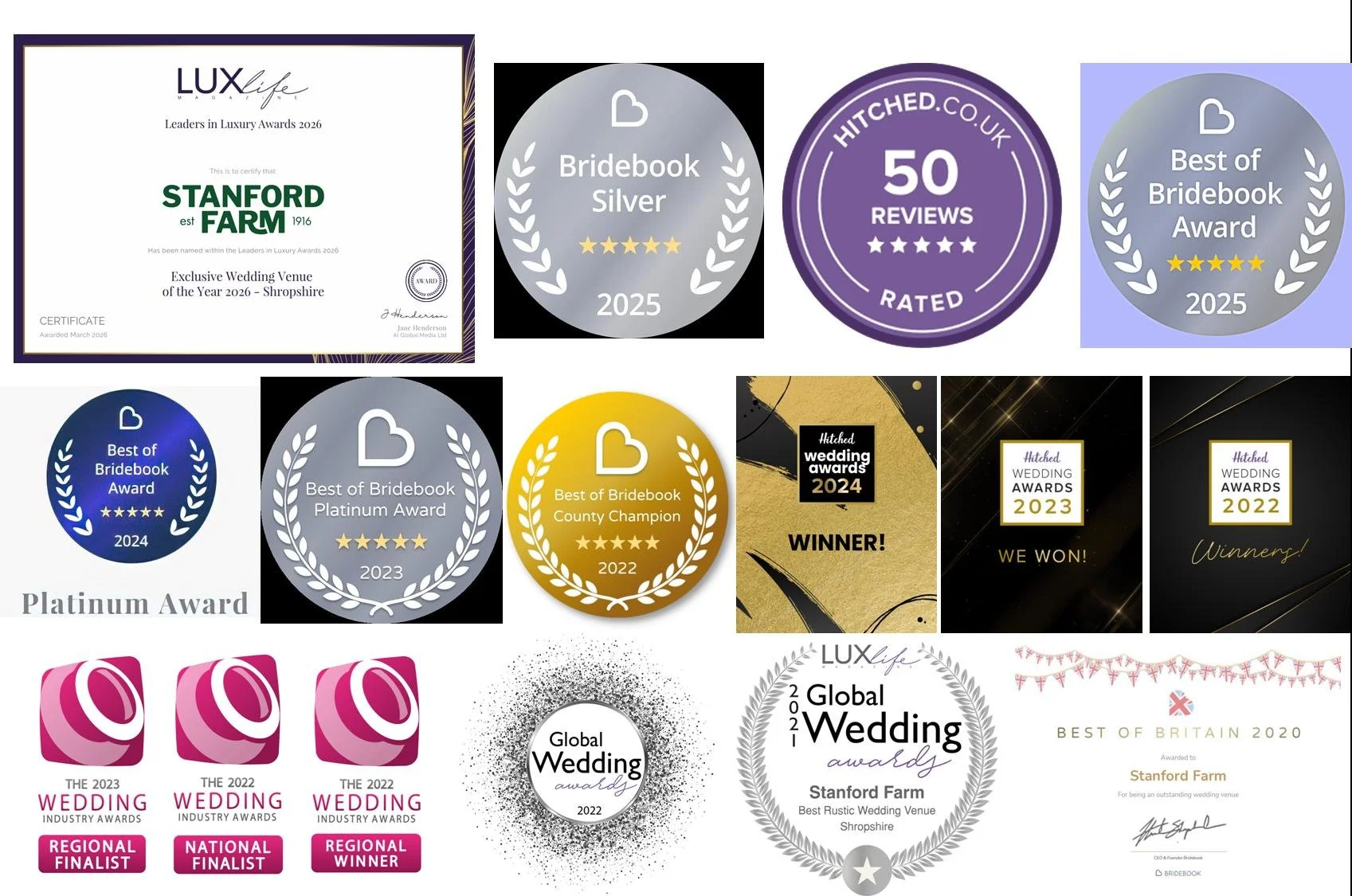 Some of our Wedding Industry Awards for Stanford Farm Wedding Venue.