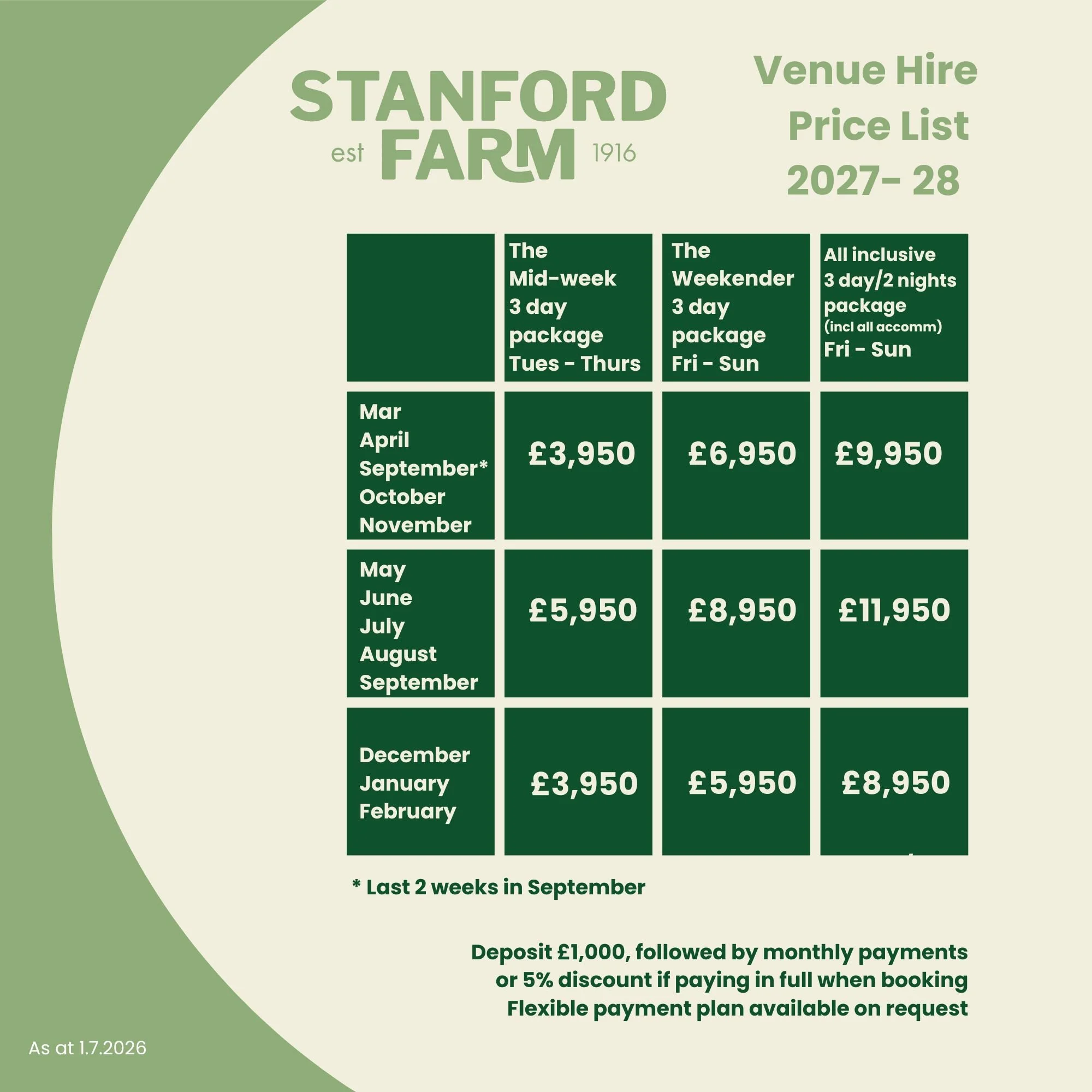 Price list for venue hire 2027 2028 Stanford Farm Wedding Venue