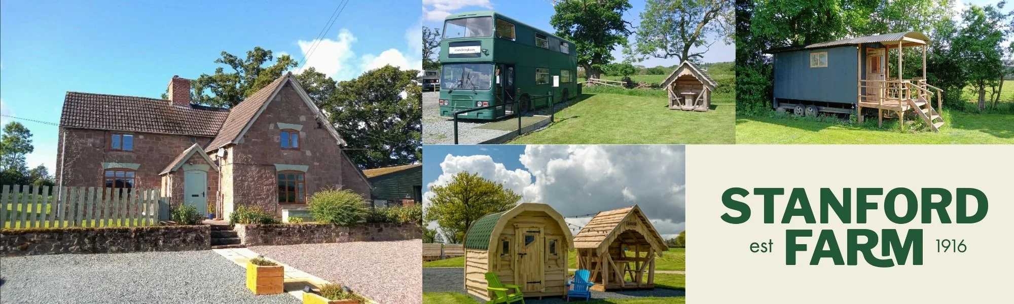 Onsite wedding accommodation at Stanford Farm includes the farmhouse converted double decker bus shepherds hut and four hobbit huts