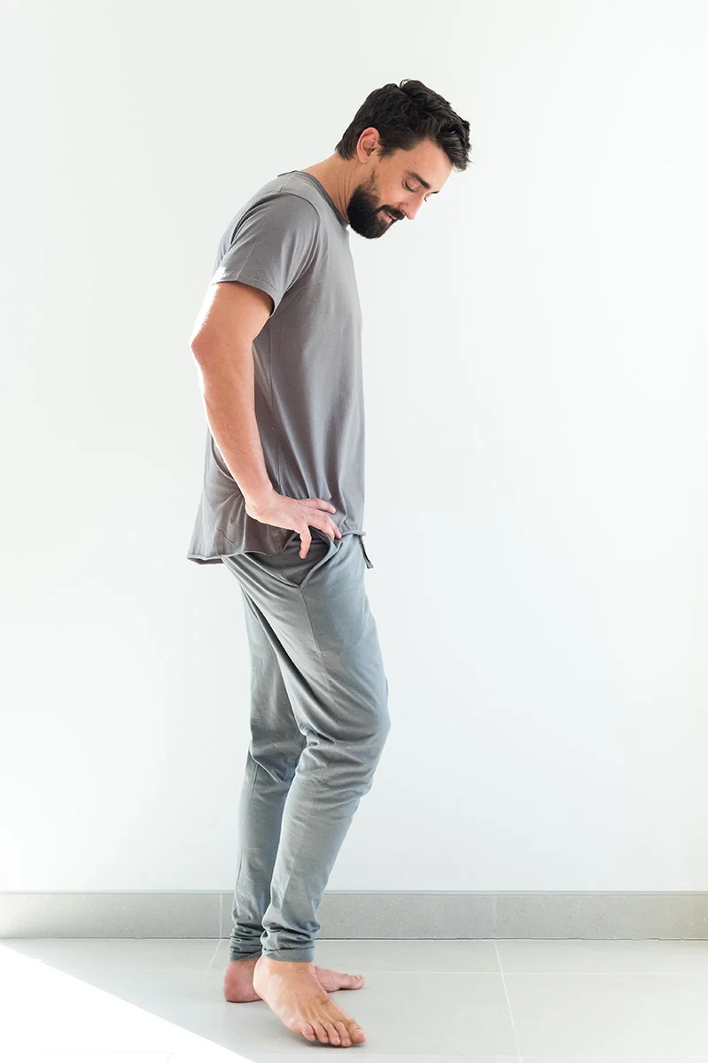 Men's casual, harem pants, loungewear, nightwear, organic cotton, dusk grey