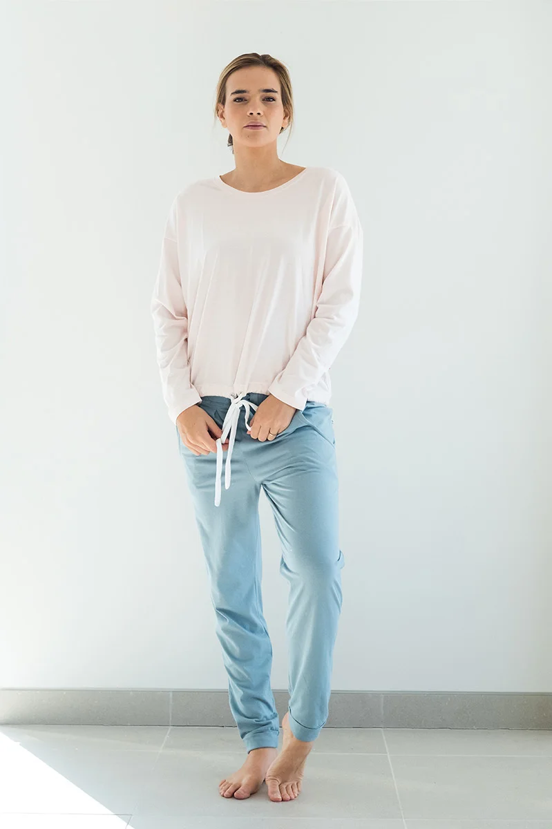 Women's long sleeve tie-top, organic cotton, loungewear, nightwear, sleepwear quartz pink