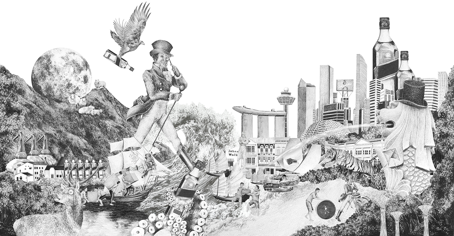 from scotland to singapore (johnnie walker commission) created for johnnie walker house's willow collection limited edition bottle (singapore). johnnie walker is a brand of scotch whiskey that originated in the scottish town of kilmarnok, east ayrshire. the brand was first established by grocer john walker. It is the most widely distributed brand of blended scotch whisky in the world, with annual sales of over 223.7 million 700 ml bottles in 2016. project brief: to celebrate the pioneering spirit that johnnie walker represents, create a visual story depicting the journey walker took from scotland to singapore in 1885. the striding man icon should be prominent in the artwork. he is to lead the charge. cultural storytelling elements that are relevant to brand and location are to be included, ensuring there is a balance of contemporary and historic content. pencil on paper, adobe photoshop, adobe illustrator november 2014