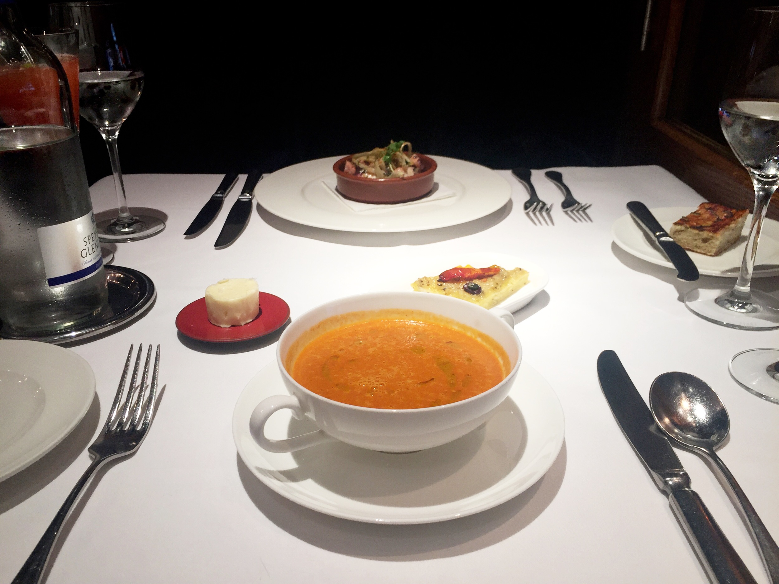 Starter: Creme of Tomato Soup and Marinate Spanish Octopus ‘Provencal Style’ with Fennel, New Potatoes & Piperade.