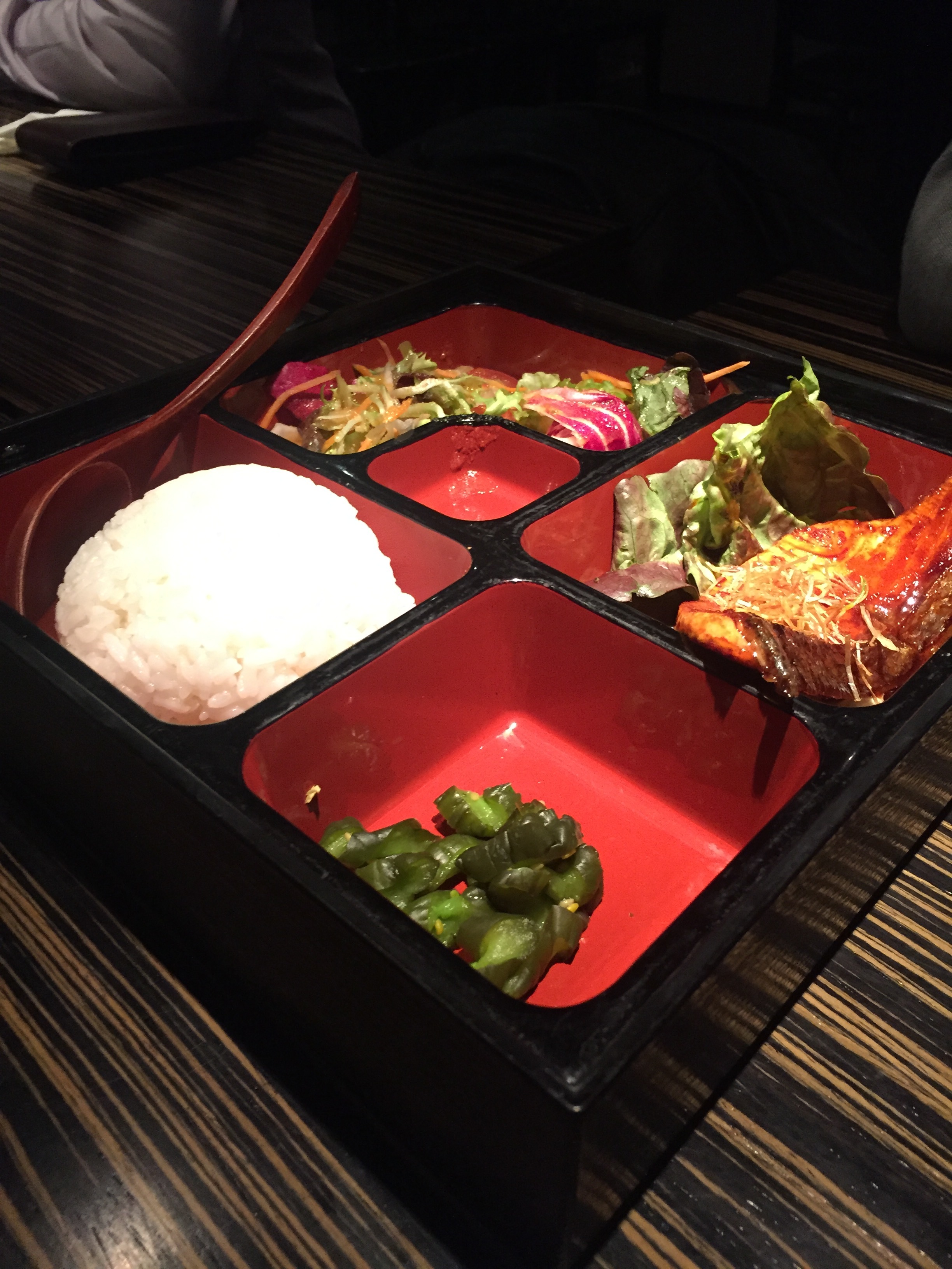 Sorry we begun nibbling away at this Salmon Bento box before I took the picture so it looks a bit sparse!