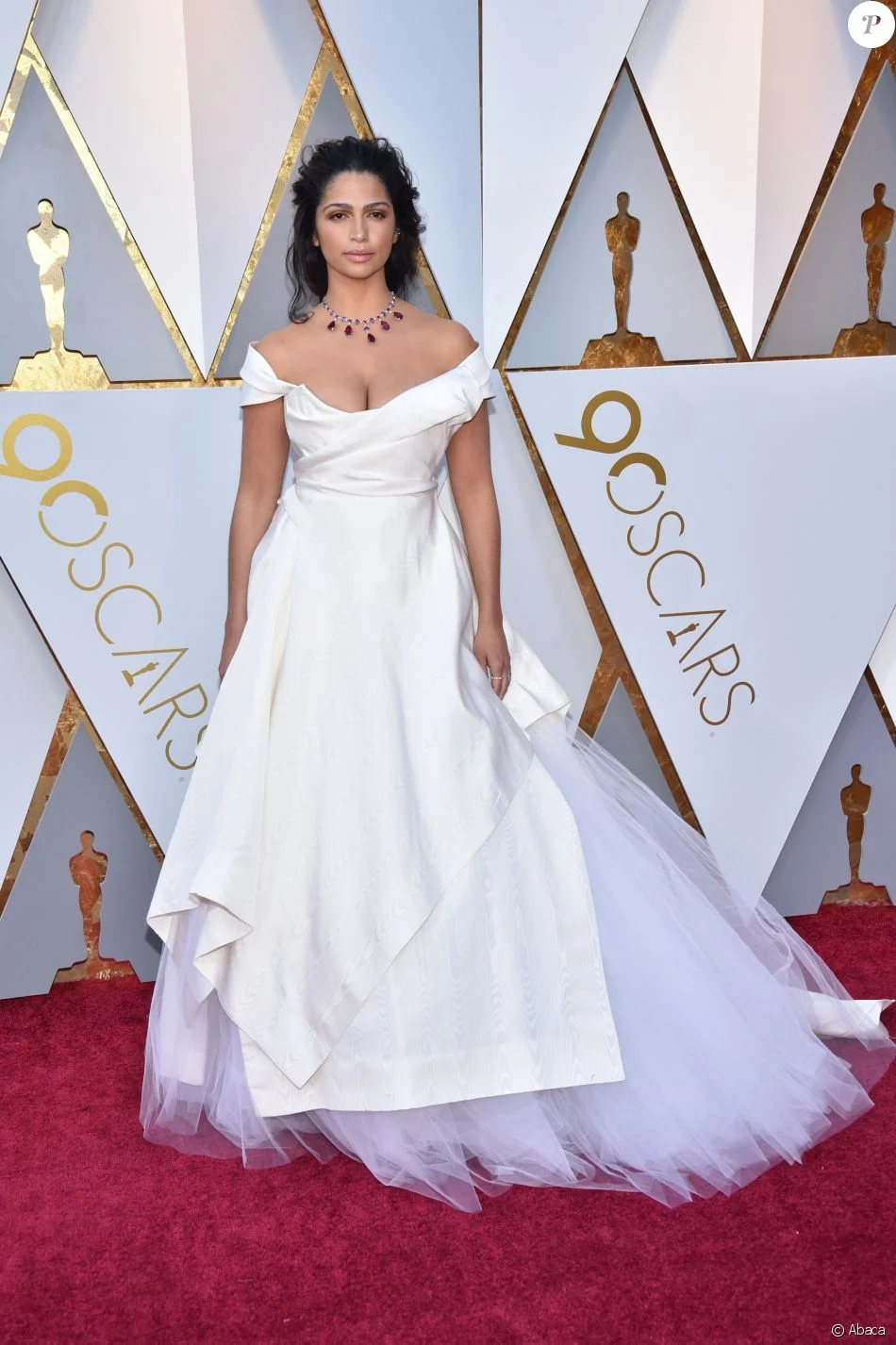 The beautiful Camilla Alves Mcconaughey in a Vivienne Westwood design made from archival silk that is ethically and sustainably crafted