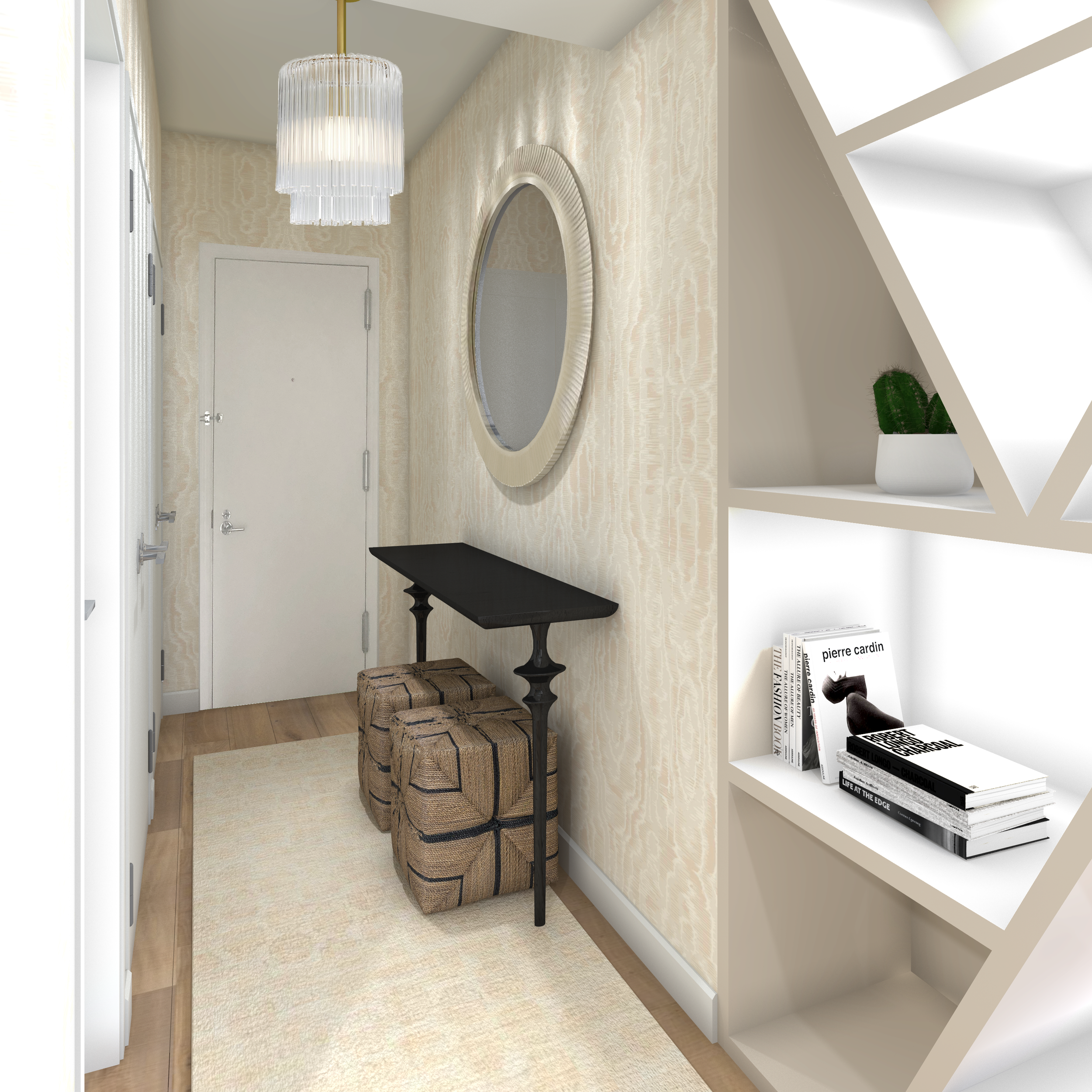 Lacquered entry cabinet reflecting warm light