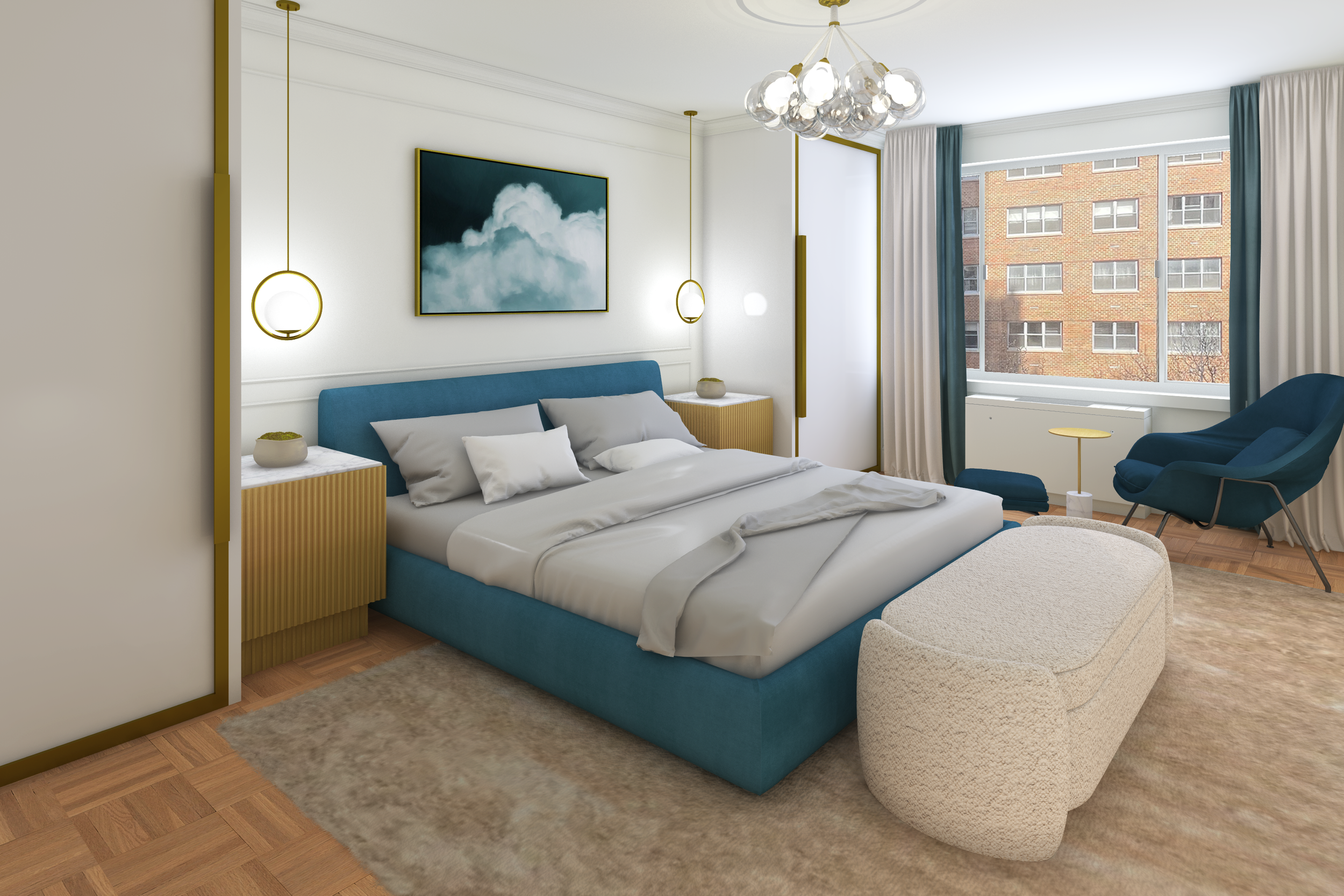 A luxurious zen bedroom rendering showcasing a low-profile blue upholstered bed, fluted wood nightstands with hanging brass hoop pendant lights, a fluffy cream bouclé bench, and a large abstract blue sky cloud painting.