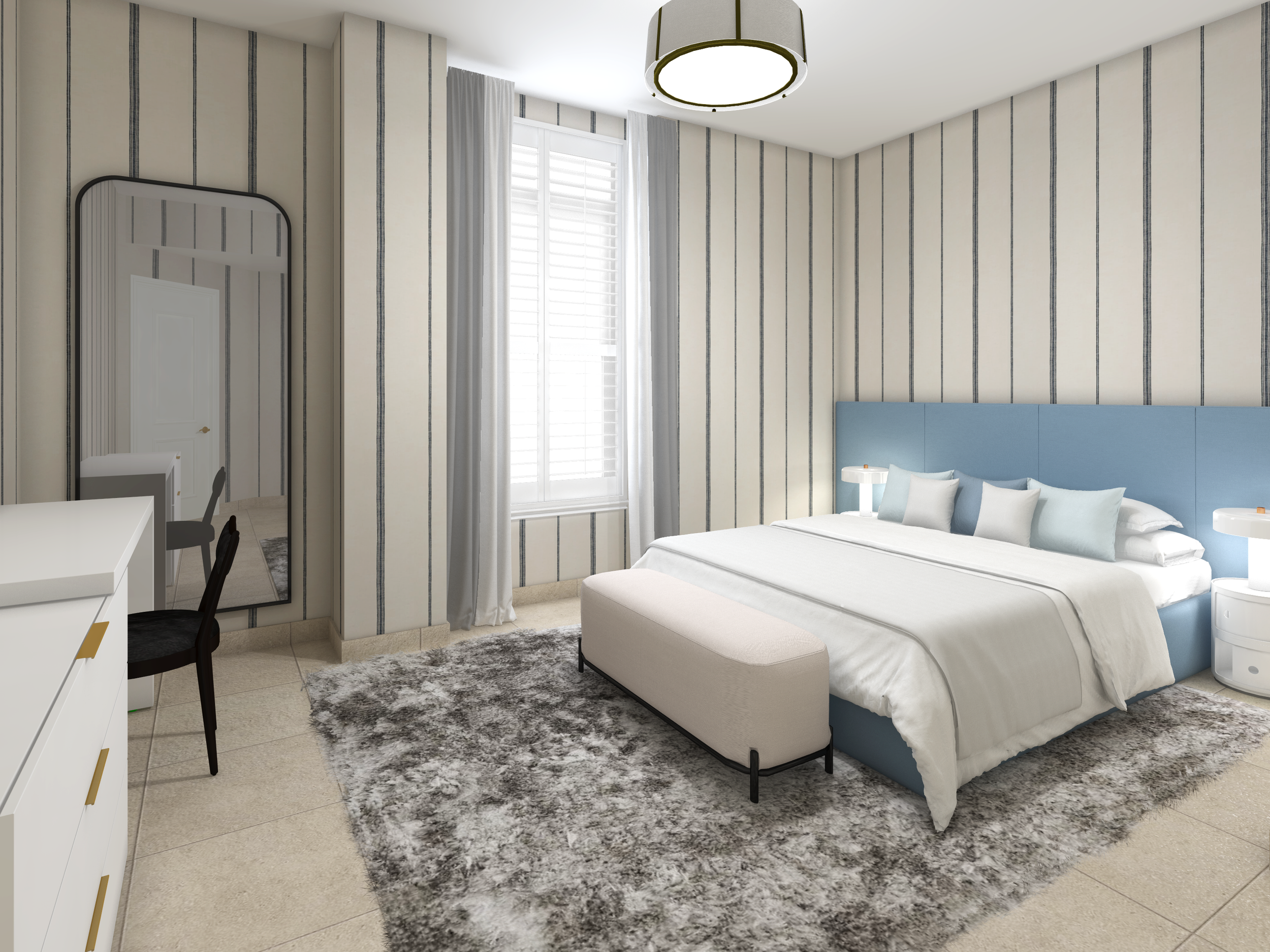 A chic, contemporary bedroom rendering featuring vertical black and cream striped wallpaper, a platform bed with a soft blue paneled headboard, a plush grey-and-white shag rug, and a modern rectangular floor mirror.
