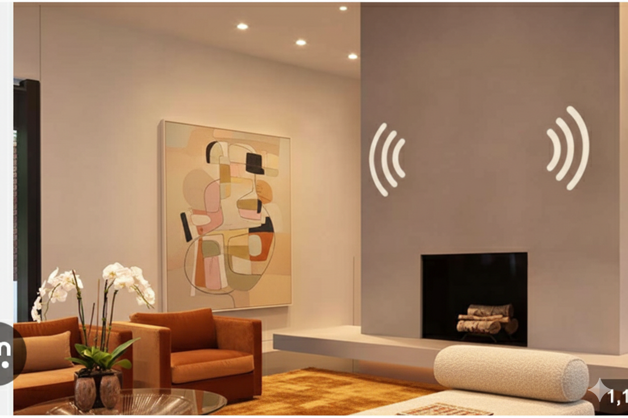 Explore this modern NYC living room featuring invisible speakers embedded in the fireplace plaster. A minimalist design sanctuary by Marie Burgos Design combining high-end art with cutting-edge integrated technology.