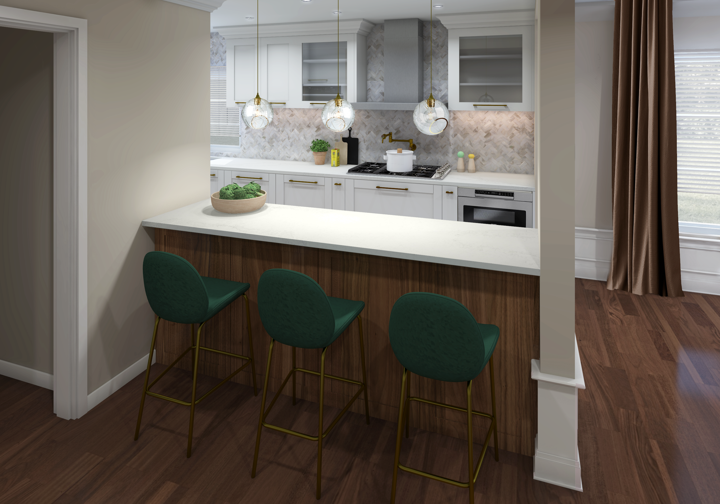 Home study with a green velvet sofa, walnut desk, grey paneled walls and fiddle-leaf fig