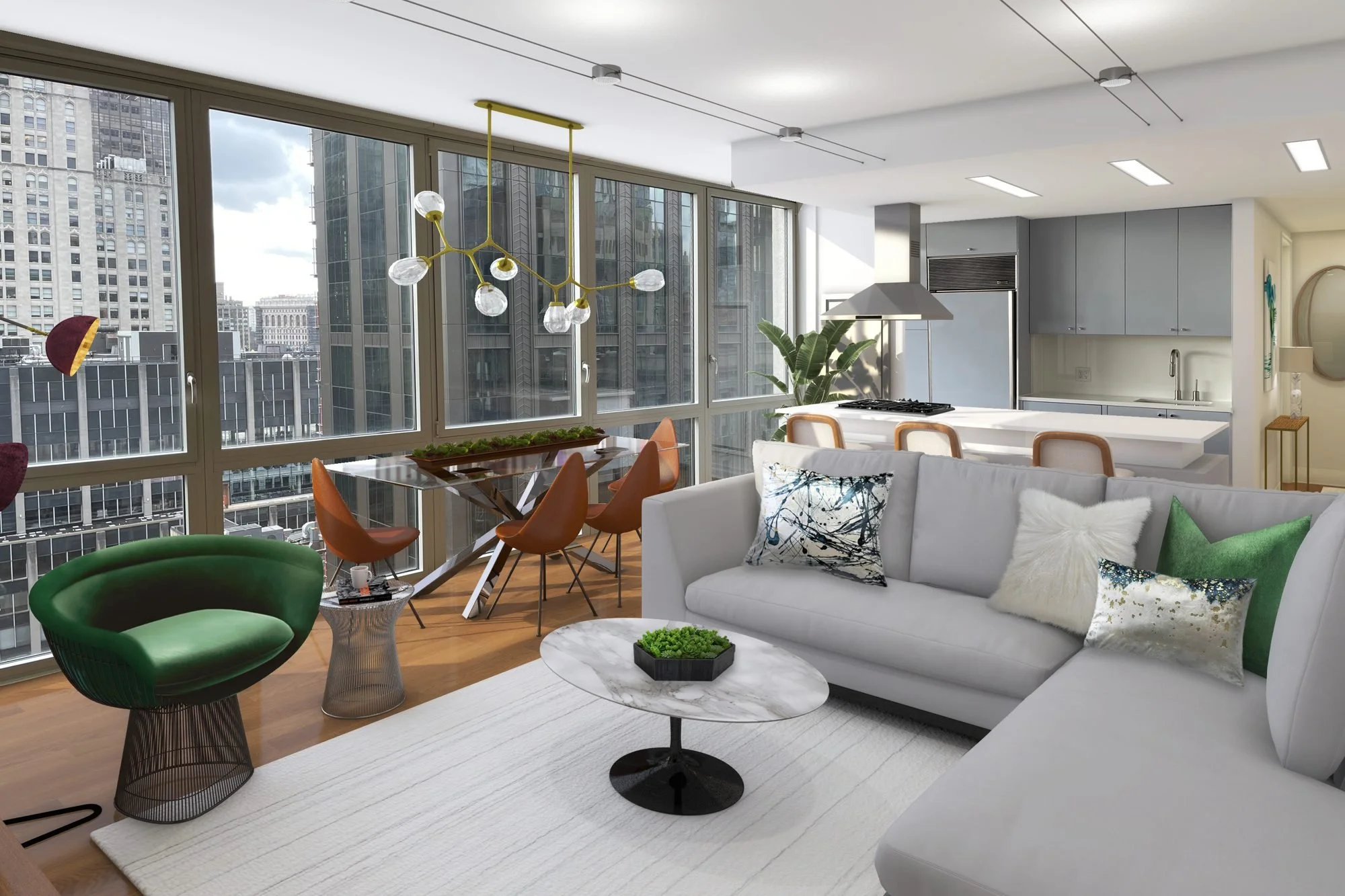 Manhattan living room with a green velvet lounge chair and green accent pillow by Marie Burgos Design