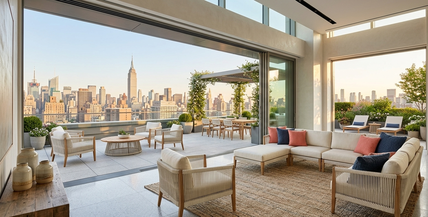 A luxury penthouse living room opening completely onto a vast rooftop terrace via wide sliding glass doors. Woven indoor and outdoor furniture creates a continuous lounge space that overlooks a panoramic view of the New York City skyline.