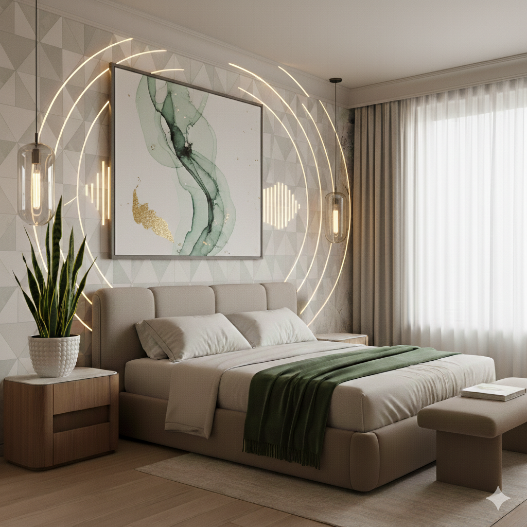 A serene modern bedroom featuring gray geometric wallpaper with integrated invisible wall speakers, a custom upholstered bed with forest green accents, glass pendant lights, and a Zen-inspired abstract art piece by Marie Burgos Design.