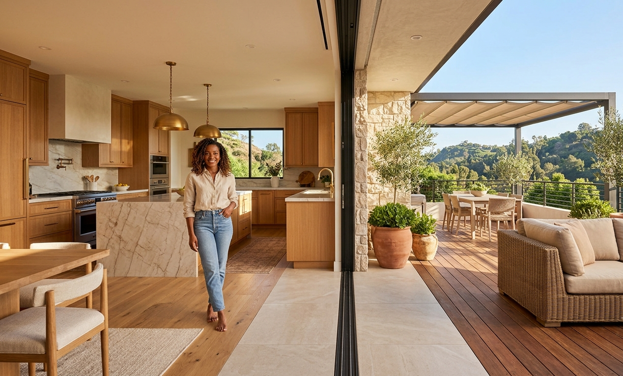 A continuous view looking from a luxury kitchen to an outdoor terrace through an open wall of sliding glass doors. The wooden decking and furniture of the terrace overlook a rolling green hillside view, emphasizing the connection to nature.
