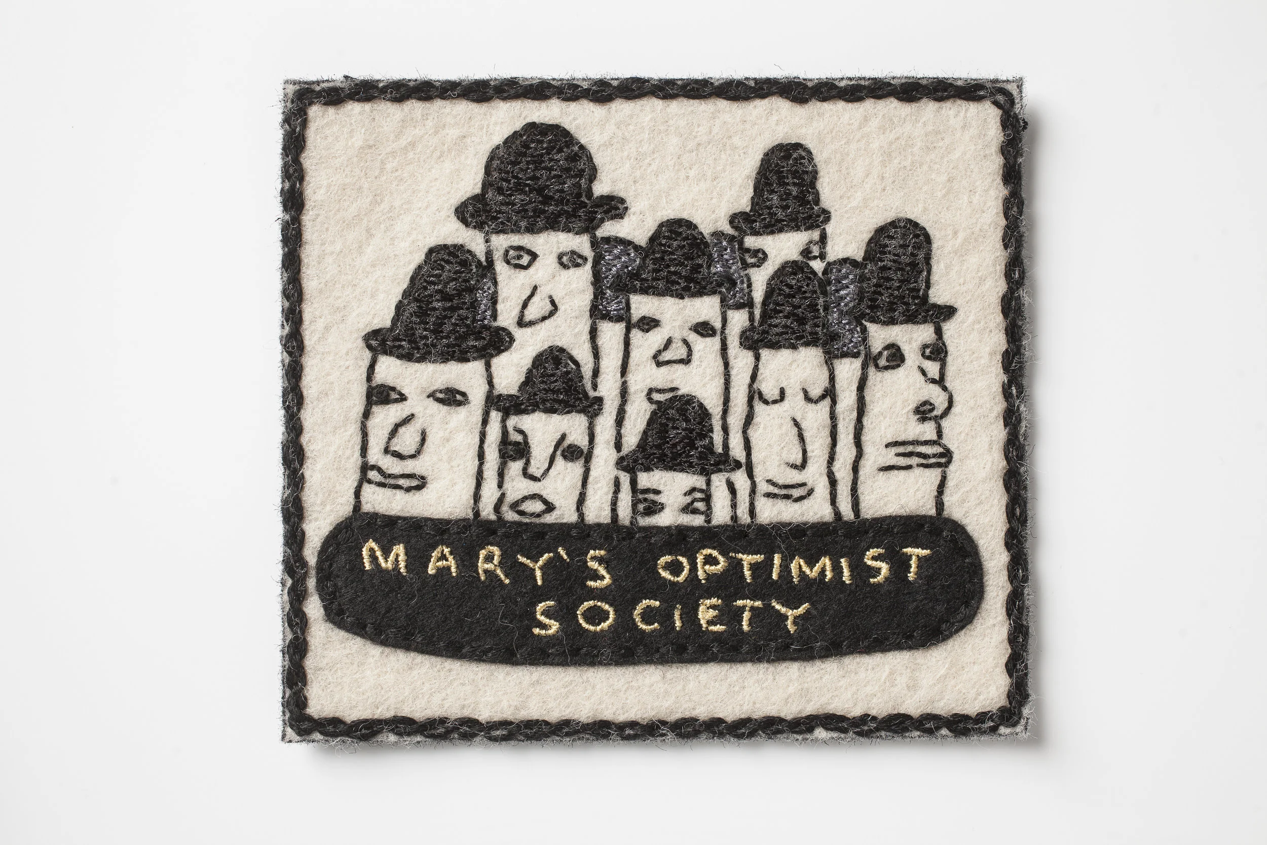 Mary's Optimist Society Badge, 2018, Embroidery thread, acrylic paint and wool felt Group Exhibition "Mary Nohl and the Walrus Club" photo credit: John Michael Kohler Arts Center
