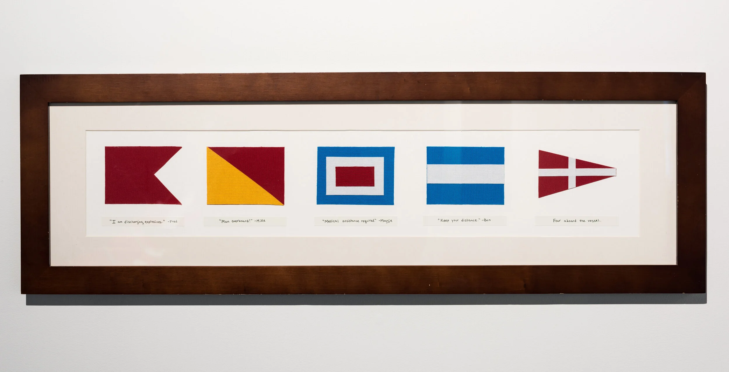 Four in a Boat and the Tide Rolls High , cotton canvas, ink and paper, frame given to Maggie by Fred before his death, 2016 Photo credit: Frank Döring